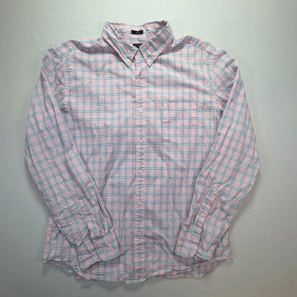 J Crew Mens XL Slim Fit Flex Washed Pink Blue Plaid Button‎ Down Shirt